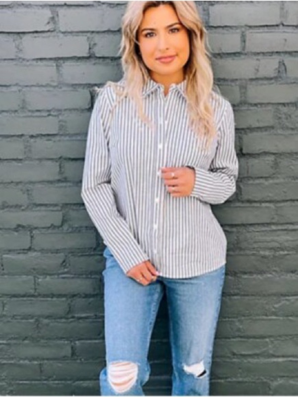 Candace Cameron Bure Vertical Stripe Button-Down Shirt - White & Gray